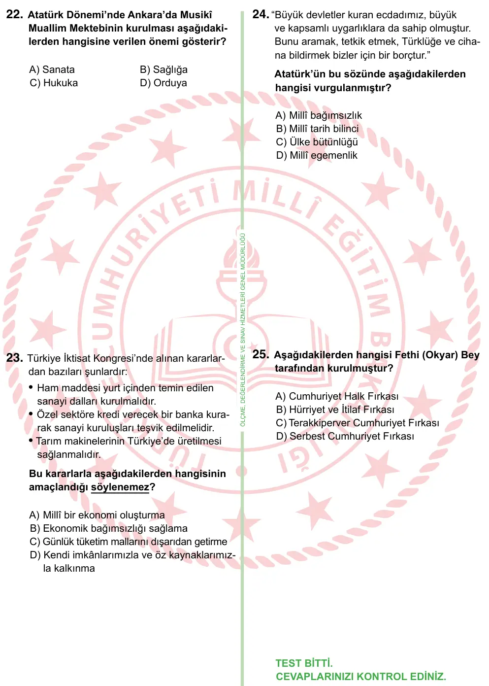 8. Sınıf ve Hazırlık Sosyal Bilgiler 2022 İOKBS Bursluluk Sınavı 25. Soru görseli (4/5)