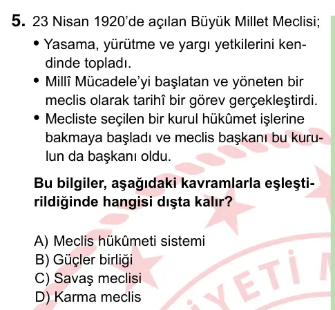 8. Sınıf ve Hazırlık Sosyal Bilgiler 2022 İOKBS Bursluluk Sınavı 5. Soru görseli