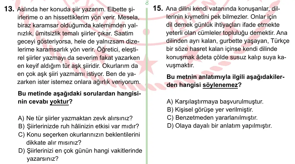 8. Sınıf ve Hazırlık Türkçe 2022 İOKBS Bursluluk Sınavı 13. Soru görseli