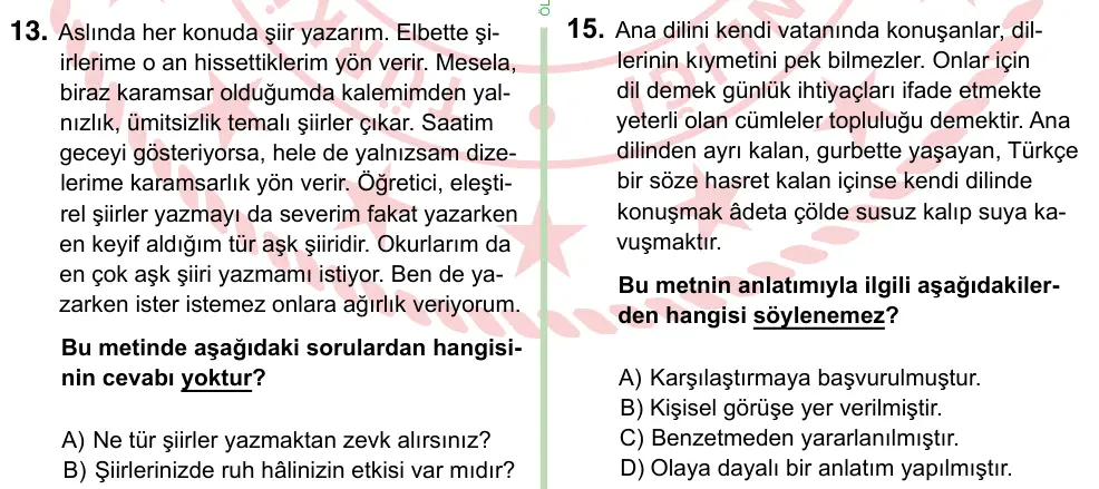 8. Sınıf ve Hazırlık Türkçe 2022 İOKBS Bursluluk Sınavı 15. Soru görseli