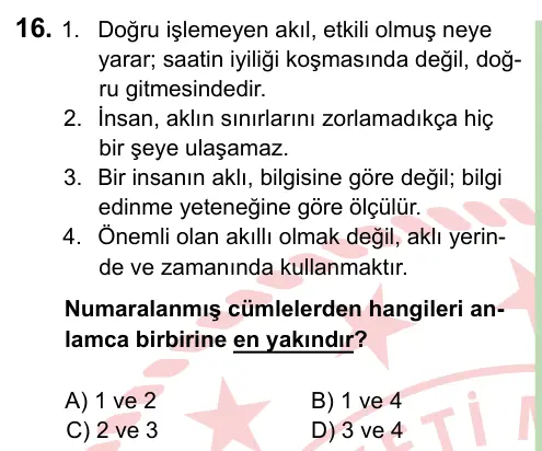 8. Sınıf ve Hazırlık Türkçe 2022 İOKBS Bursluluk Sınavı 16. Soru görseli