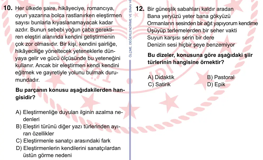 9, 10, 11. Sınıf Türk Dili ve Edebiyatı 2022 İOKBS Bursluluk Sınavı 10. Soru görseli