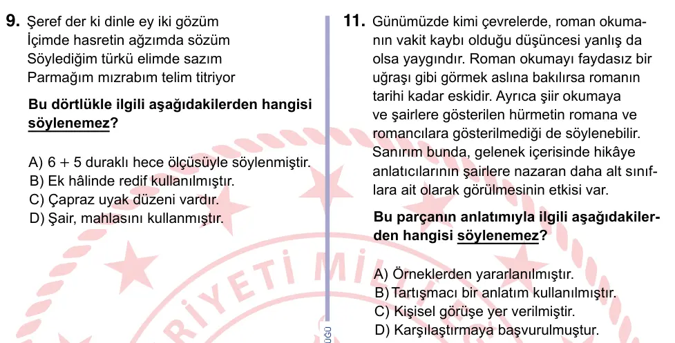 9, 10, 11. Sınıf Türk Dili ve Edebiyatı 2022 İOKBS Bursluluk Sınavı 11. Soru görseli
