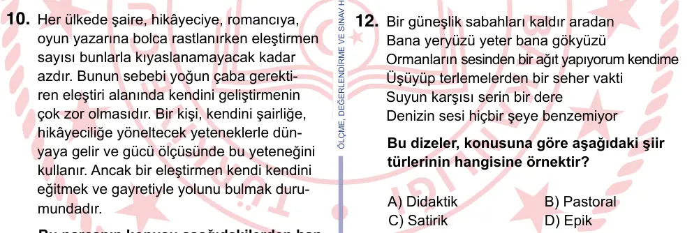9, 10, 11. Sınıf Türk Dili ve Edebiyatı 2022 İOKBS Bursluluk Sınavı 12. Soru görseli