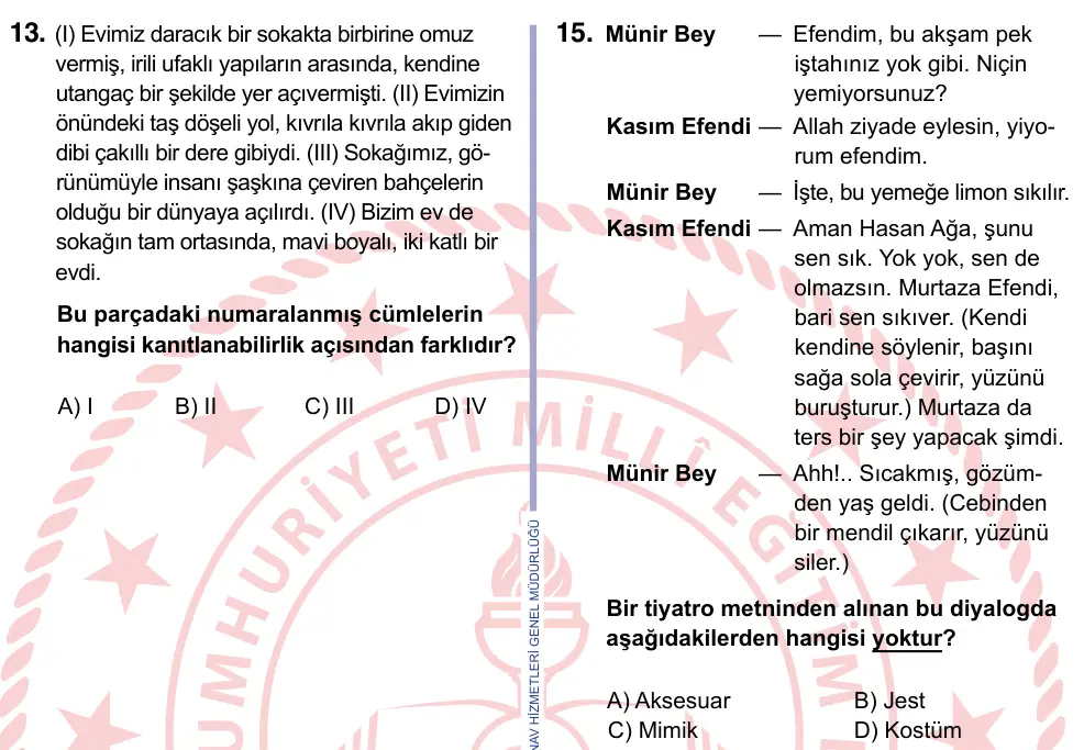 9, 10, 11. Sınıf Türk Dili ve Edebiyatı 2022 İOKBS Bursluluk Sınavı 15. Soru görseli