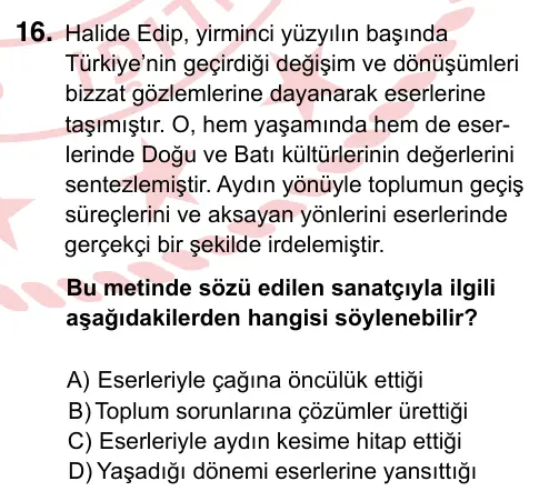 9, 10, 11. Sınıf Türk Dili ve Edebiyatı 2022 İOKBS Bursluluk Sınavı 16. Soru görseli