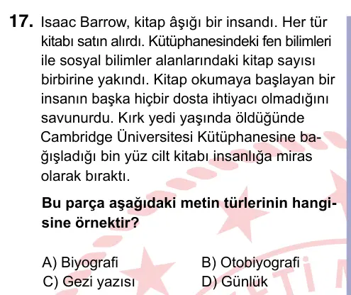 9, 10, 11. Sınıf Türk Dili ve Edebiyatı 2022 İOKBS Bursluluk Sınavı 17. Soru görseli