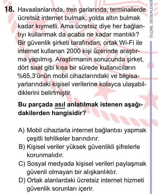 9, 10, 11. Sınıf Türk Dili ve Edebiyatı 2022 İOKBS Bursluluk Sınavı 18. Soru görseli