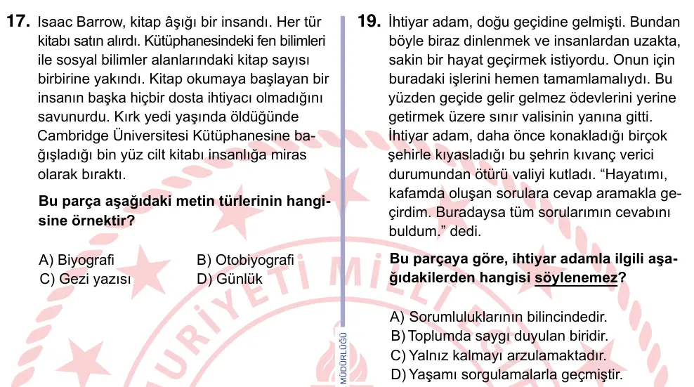 9, 10, 11. Sınıf Türk Dili ve Edebiyatı 2022 İOKBS Bursluluk Sınavı 19. Soru görseli