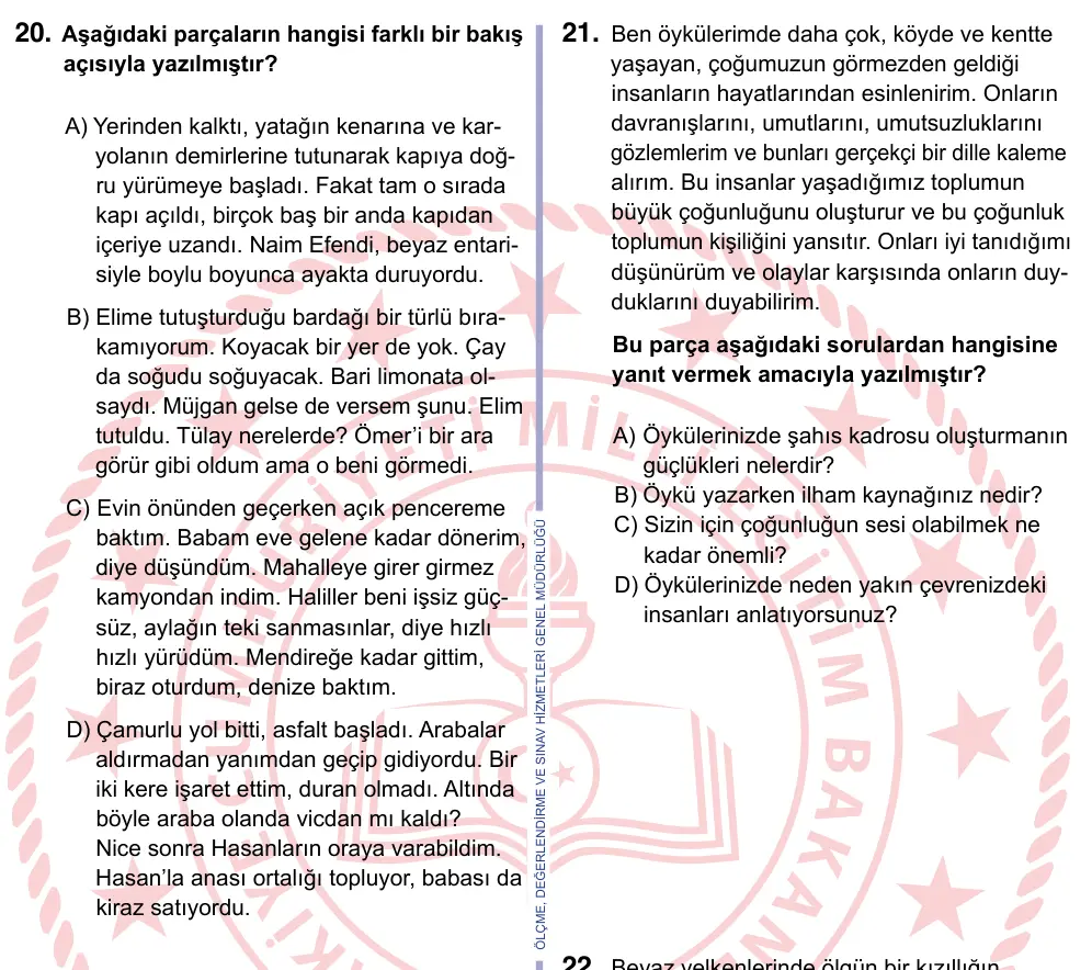 9, 10, 11. Sınıf Türk Dili ve Edebiyatı 2022 İOKBS Bursluluk Sınavı 20. Soru görseli