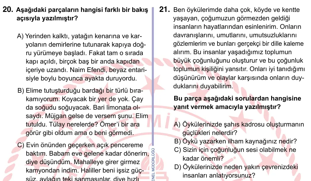 9, 10, 11. Sınıf Türk Dili ve Edebiyatı 2022 İOKBS Bursluluk Sınavı 21. Soru görseli