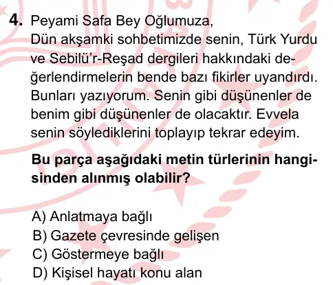 9, 10, 11. Sınıf Türk Dili ve Edebiyatı 2022 İOKBS Bursluluk Sınavı 4. Soru görseli