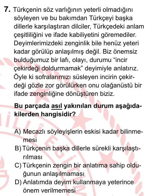 9, 10, 11. Sınıf Türk Dili ve Edebiyatı 2022 İOKBS Bursluluk Sınavı 7. Soru görseli