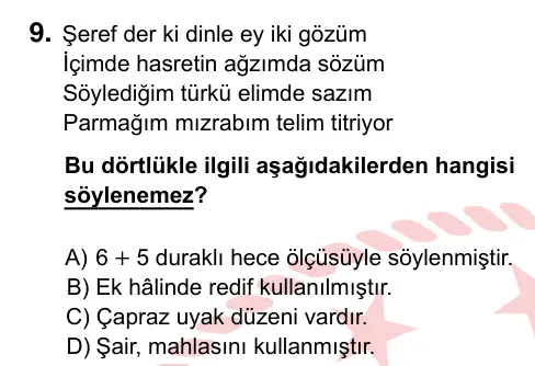9, 10, 11. Sınıf Türk Dili ve Edebiyatı 2022 İOKBS Bursluluk Sınavı 9. Soru görseli