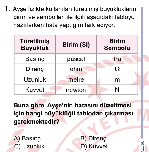 9, 10, 11. Sınıf Fen Bilimleri 2022 İOKBS Bursluluk Sınavı 1. Soru görseli