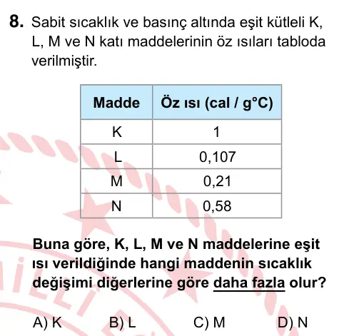 9, 10, 11. Sınıf Fen Bilimleri 2022 İOKBS Bursluluk Sınavı 8. Soru görseli