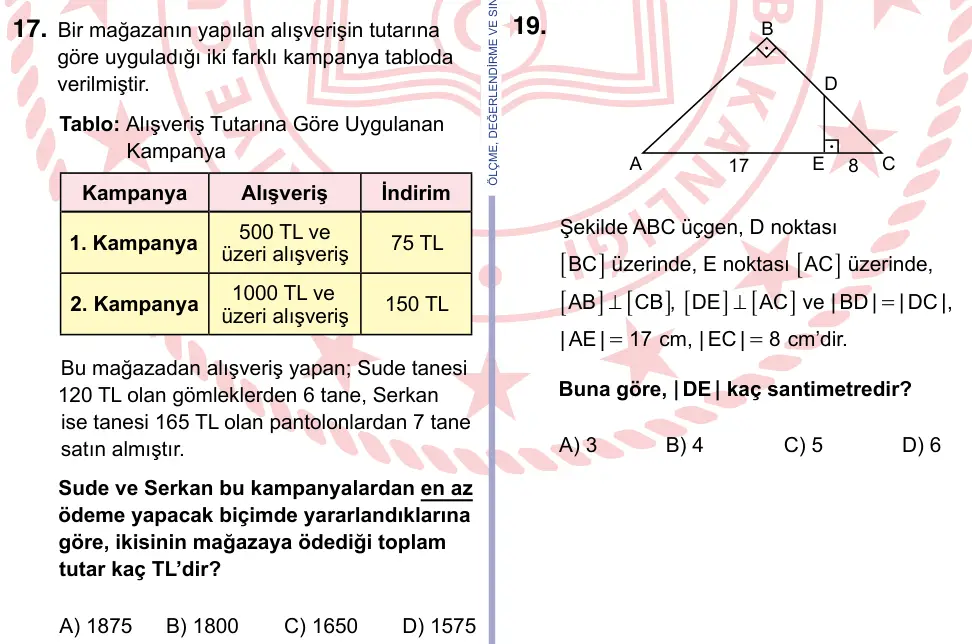 9, 10, 11. Sınıf Matematik 2022 İOKBS Bursluluk Sınavı 17. Soru görseli