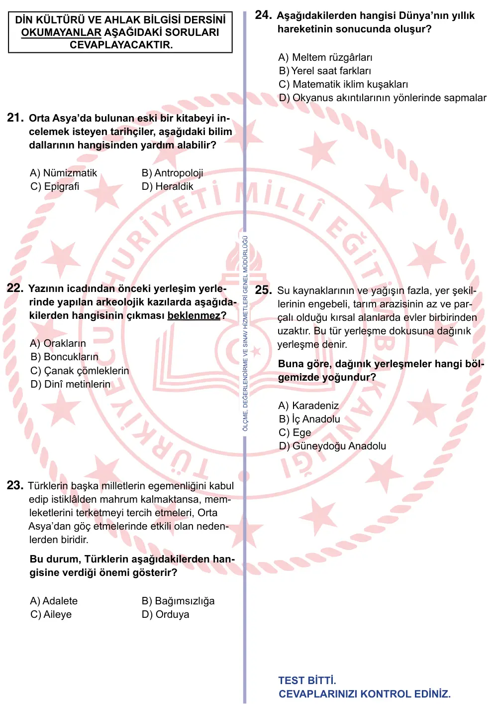 9, 10, 11. Sınıf Sosyal Bilgiler 2022 İOKBS Bursluluk Sınavı 25. Soru görseli (2/3)