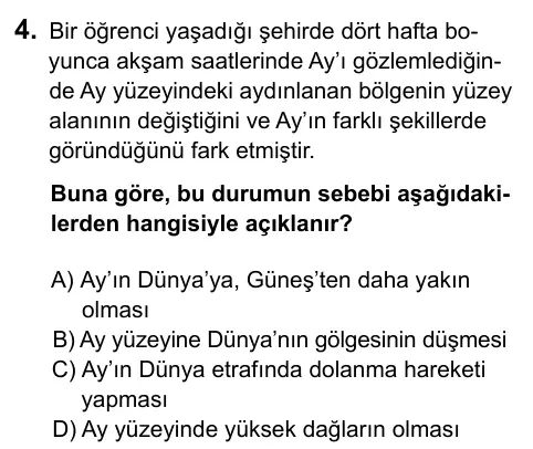 5. Sınıf Fen Bilimleri 2023 İOKBS Bursluluk Sınavı 4. Soru görseli