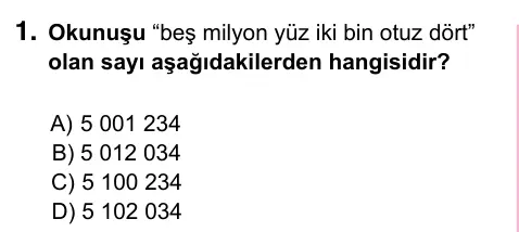 5. Sınıf Matematik 2023 İOKBS Bursluluk Sınavı 1. Soru görseli