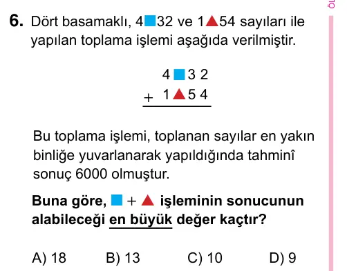 5. Sınıf Matematik 2023 İOKBS Bursluluk Sınavı 6. Soru görseli
