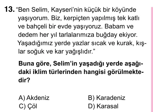 5. Sınıf Sosyal Bilgiler 2023 İOKBS Bursluluk Sınavı 13. Soru görseli