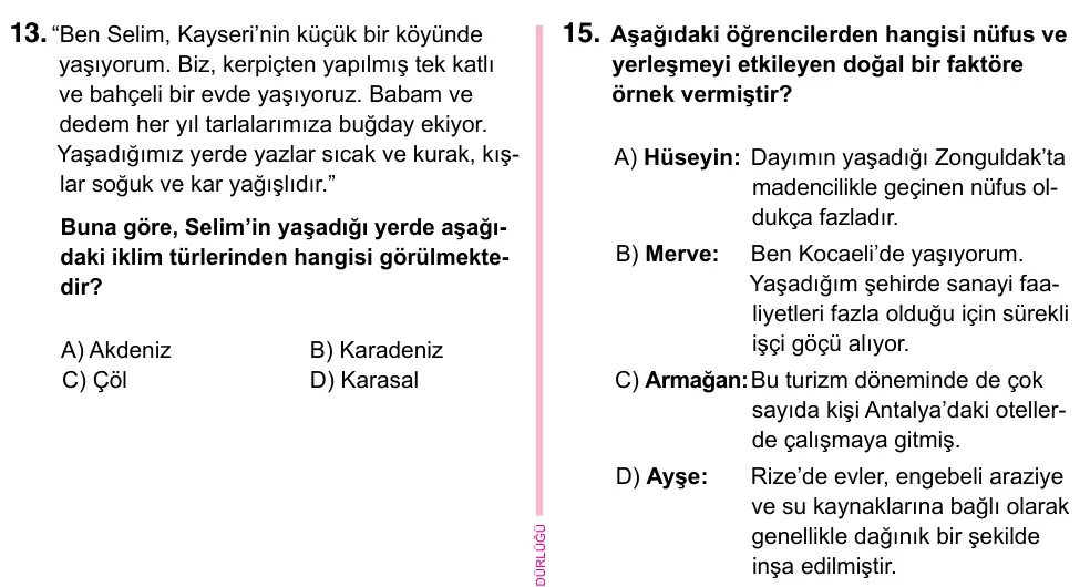 5. Sınıf Sosyal Bilgiler 2023 İOKBS Bursluluk Sınavı 15. Soru görseli