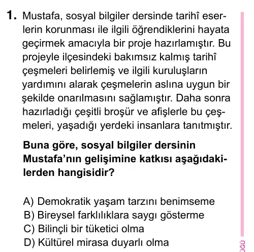 5. Sınıf Sosyal Bilgiler 2023 İOKBS Bursluluk Sınavı 1. Soru görseli