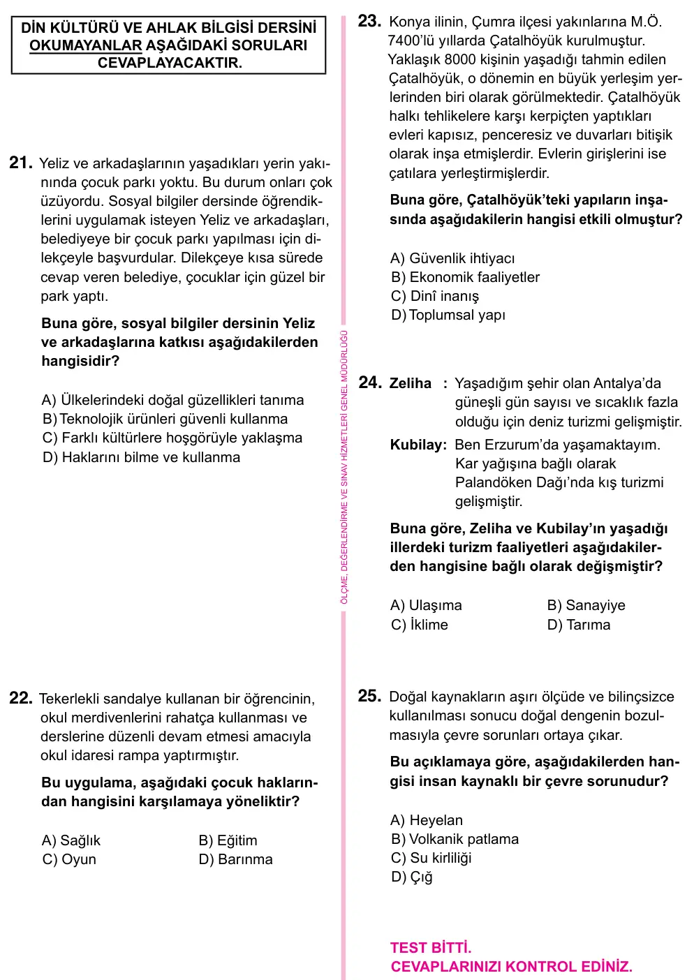 5. Sınıf Sosyal Bilgiler 2023 İOKBS Bursluluk Sınavı 25. Soru görseli (2/3)