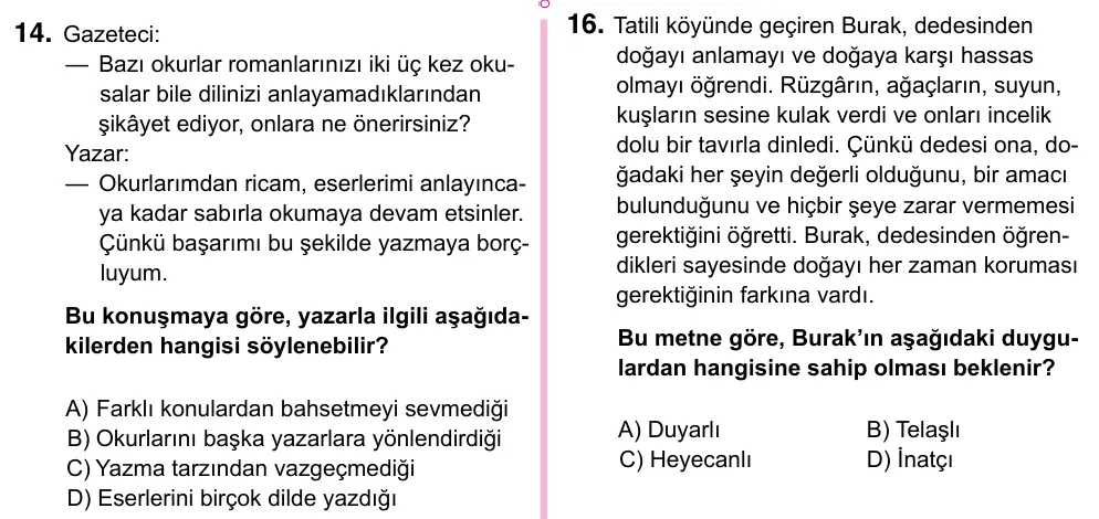 5. Sınıf Türkçe 2023 İOKBS Bursluluk Sınavı 14. Soru görseli