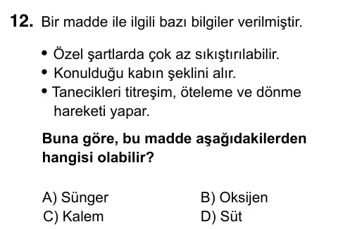 6. Sınıf Fen Bilimleri 2023 İOKBS Bursluluk Sınavı 12. Soru görseli