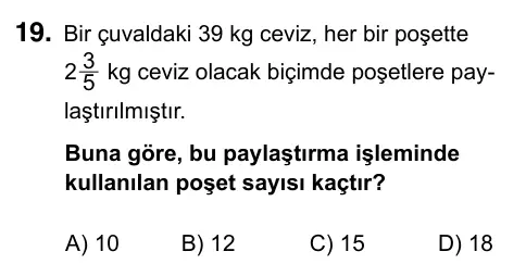 6. Sınıf Matematik 2023 İOKBS Bursluluk Sınavı 19. Soru görseli