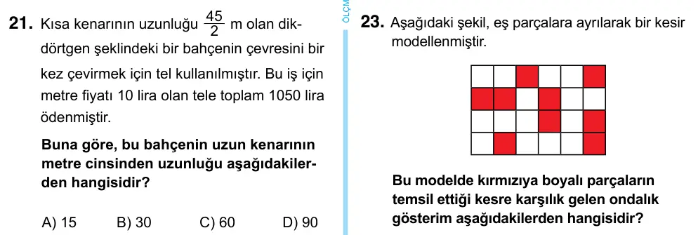 6. Sınıf Matematik 2023 İOKBS Bursluluk Sınavı 21. Soru görseli