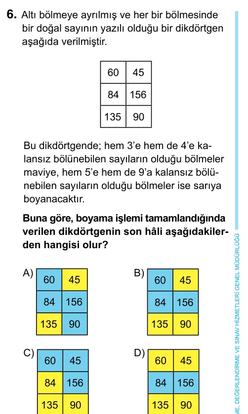 6. Sınıf Matematik 2023 İOKBS Bursluluk Sınavı 6. Soru görseli