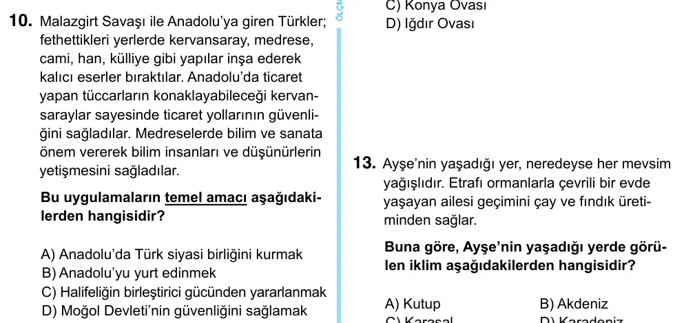 6. Sınıf Sosyal Bilgiler 2023 İOKBS Bursluluk Sınavı 10. Soru görseli