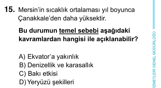 6. Sınıf Sosyal Bilgiler 2023 İOKBS Bursluluk Sınavı 15. Soru görseli