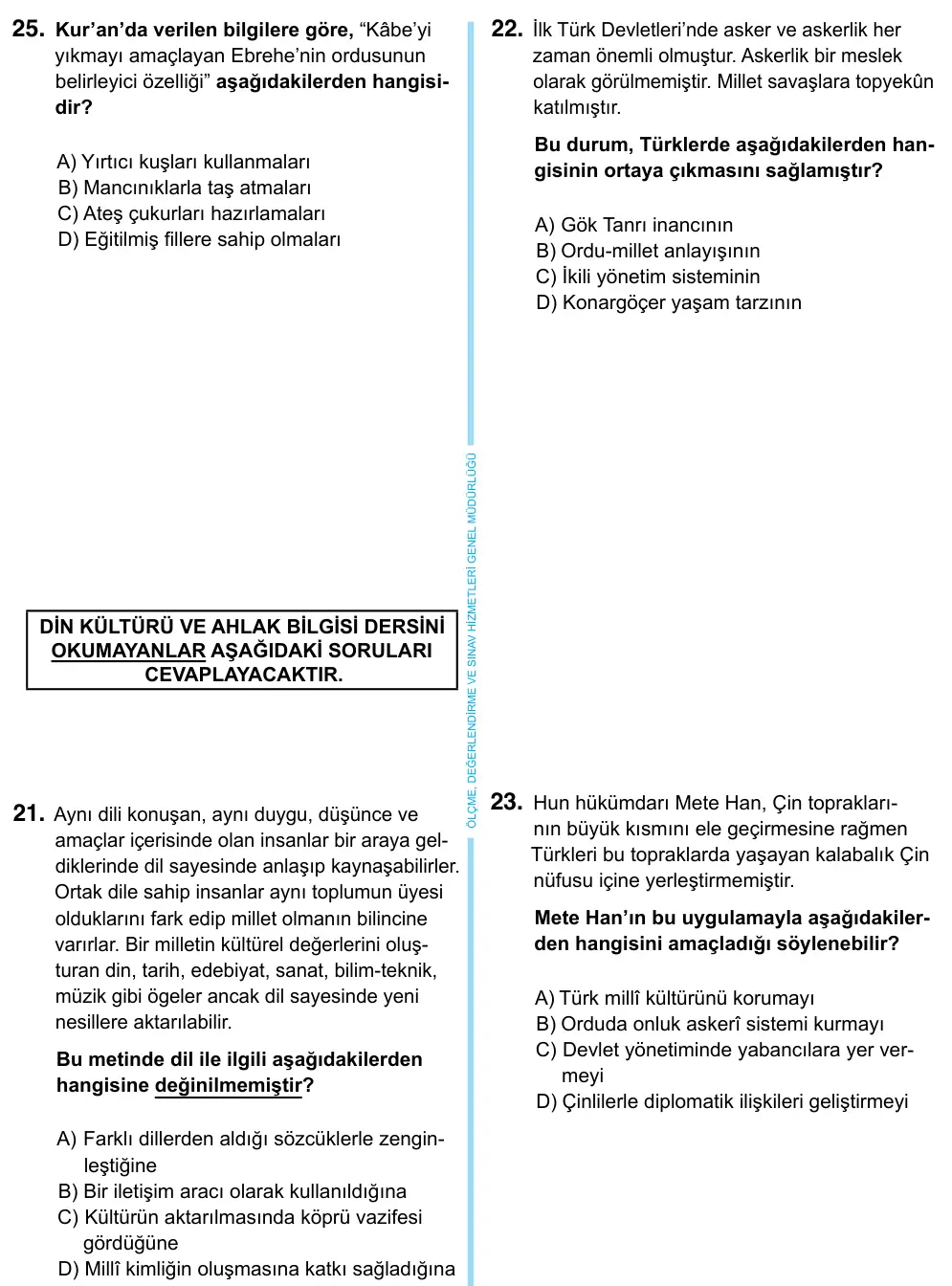 6. Sınıf Sosyal Bilgiler 2023 İOKBS Bursluluk Sınavı 25. Soru görseli (1/4)