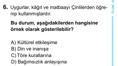 6. Sınıf Sosyal Bilgiler 2023 İOKBS Bursluluk Sınavı 6. Soru görseli