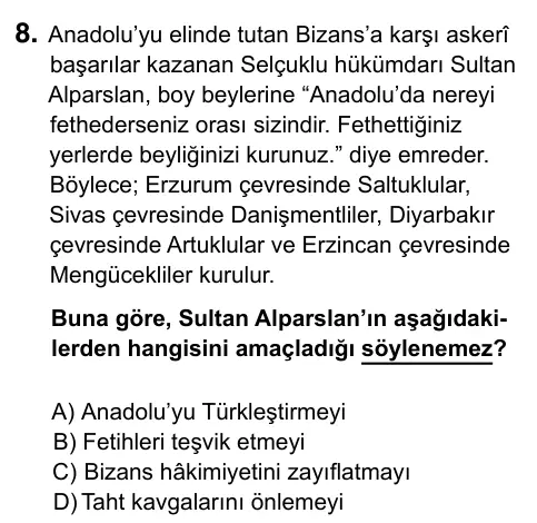 6. Sınıf Sosyal Bilgiler 2023 İOKBS Bursluluk Sınavı 8. Soru görseli