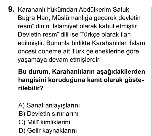 6. Sınıf Sosyal Bilgiler 2023 İOKBS Bursluluk Sınavı 9. Soru görseli