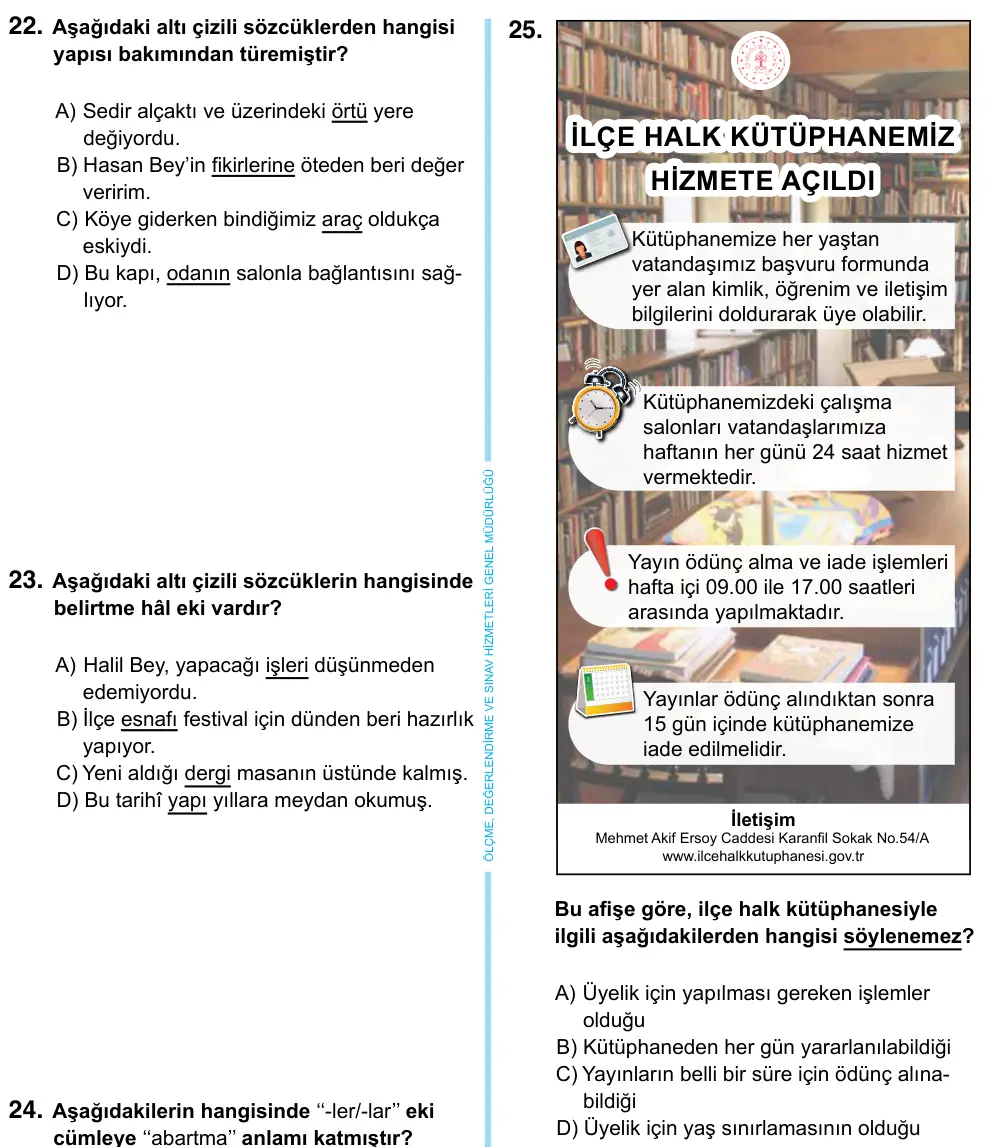6. Sınıf Türkçe 2023 İOKBS Bursluluk Sınavı 25. Soru görseli