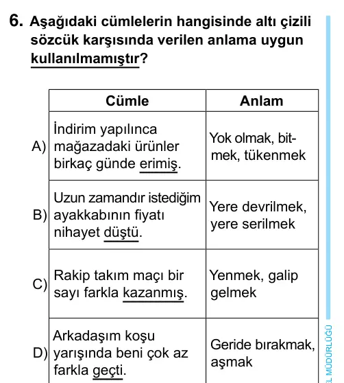 6. Sınıf Türkçe 2023 İOKBS Bursluluk Sınavı 6. Soru görseli