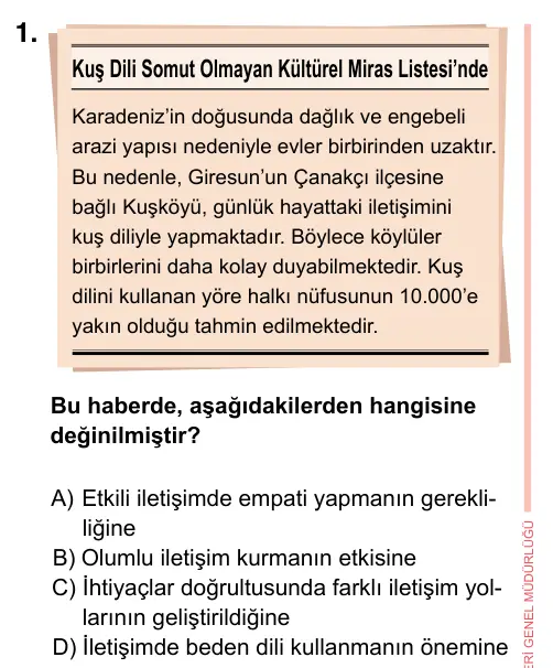 7. Sınıf Sosyal Bilgiler 2023 İOKBS Bursluluk Sınavı 1. Soru görseli