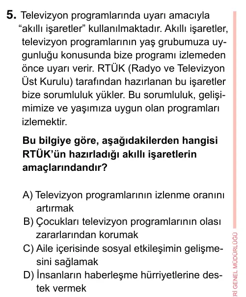 7. Sınıf Sosyal Bilgiler 2023 İOKBS Bursluluk Sınavı 5. Soru görseli