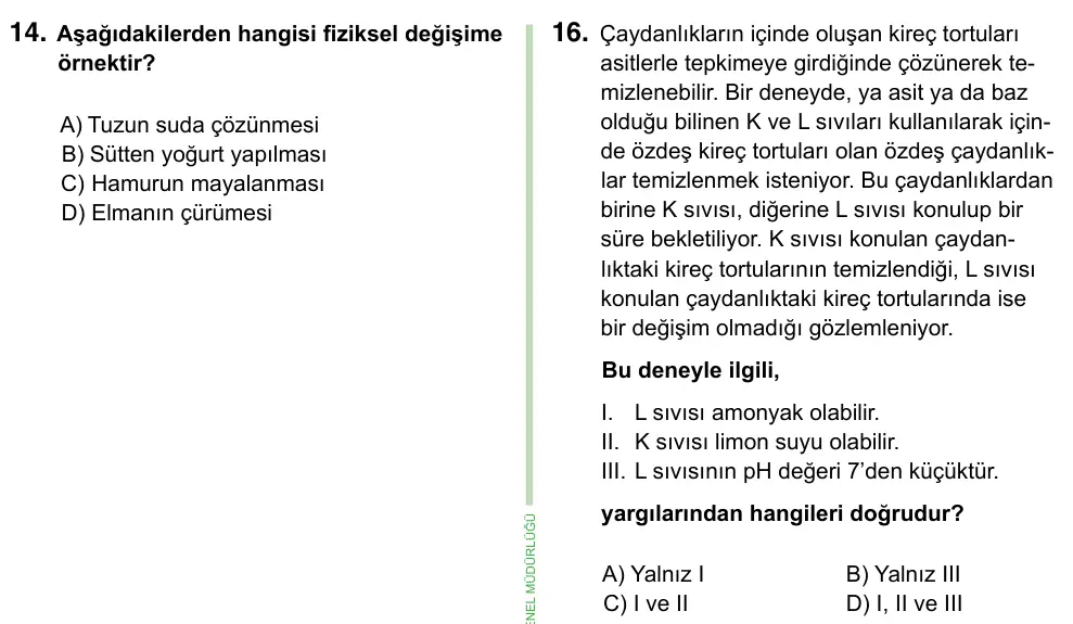 8. Sınıf ve Hazırlık Fen Bilimleri 2023 İOKBS Bursluluk Sınavı 16. Soru görseli