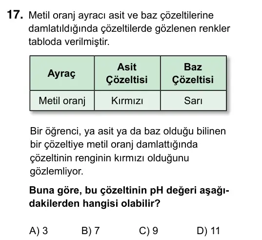 8. Sınıf ve Hazırlık Fen Bilimleri 2023 İOKBS Bursluluk Sınavı 17. Soru görseli