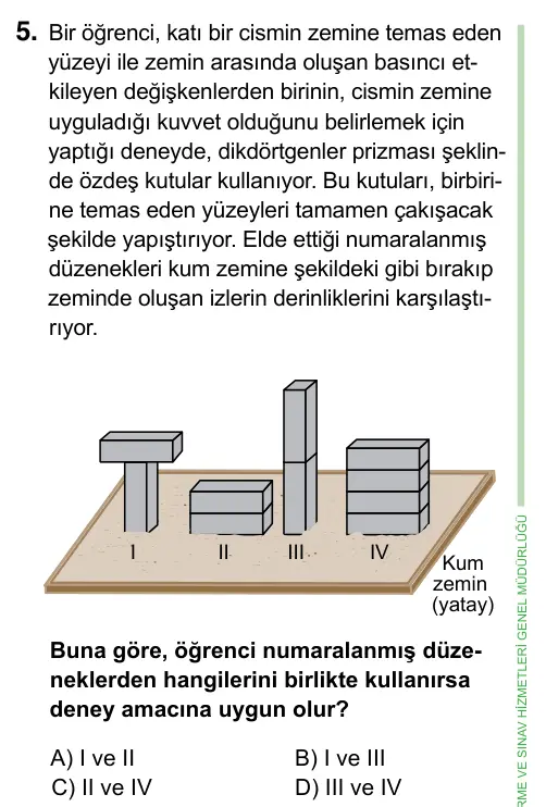 8. Sınıf ve Hazırlık Fen Bilimleri 2023 İOKBS Bursluluk Sınavı 5. Soru görseli