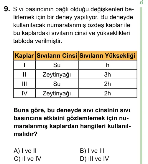 8. Sınıf ve Hazırlık Fen Bilimleri 2023 İOKBS Bursluluk Sınavı 9. Soru görseli