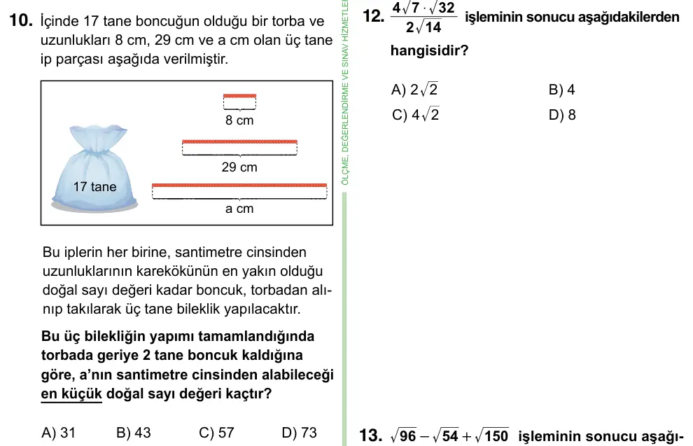 8. Sınıf ve Hazırlık Matematik 2023 İOKBS Bursluluk Sınavı 10. Soru görseli