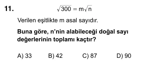 8. Sınıf ve Hazırlık Matematik 2023 İOKBS Bursluluk Sınavı 11. Soru görseli